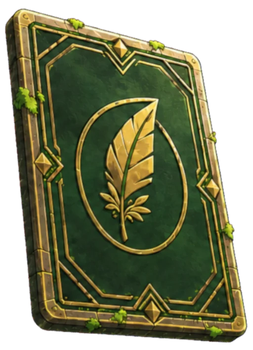 Unrevealed GreenVeil collectible: a green card with a golden feather and ornate gold frame